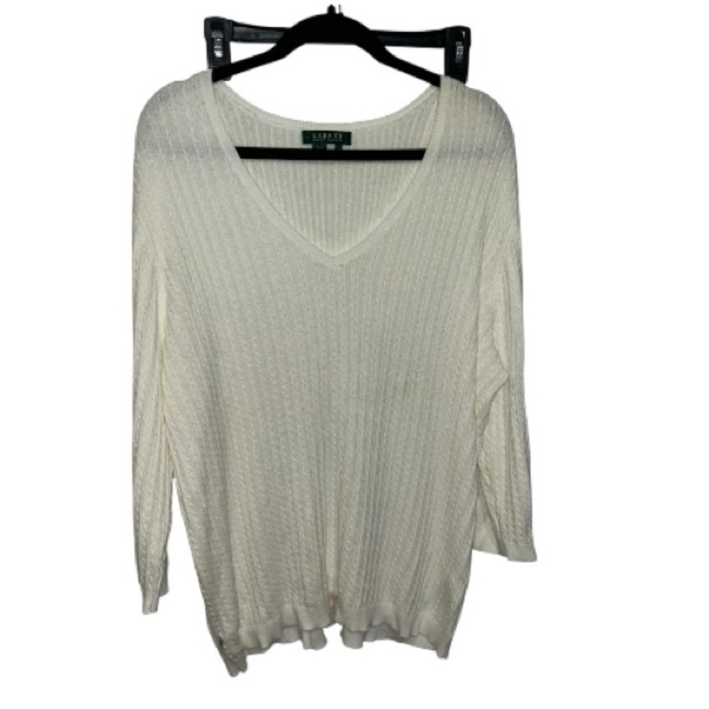 Lauren Ralph Lauren Cream Cable Knit Sweater Women’s 3X Cotton V-Neck